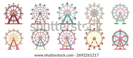 Ferris wheel collection in colorful flat style. Amusement park and carnival attraction icons symbolizing joy and leisure