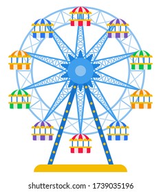 Ferris wheel with colored cabins for passengers vector icon flat isolated