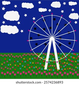 Ferris wheel drawing with tulips, stars, vector illustration