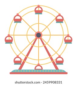 Rueda de la fortuna en diseño plano. Atracción de entretenimiento en el parque de atracciones. Ilustración vectorial aislada.