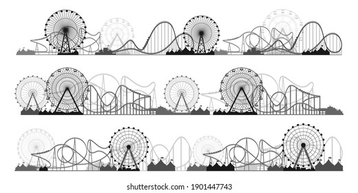 Ferris wheel. Funfair carnival background. Circus park. Roller coaster. Vector illustration.