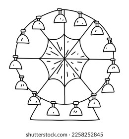 Ferris wheel in hand drawn doodle style. Isolated on white background. Coloring page.