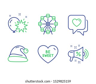 Ferris wheel, Heart and Be sweet line icons set. Balloon dart, Santa hat and Sale megaphone signs. Attraction park, Love chat, Love sweetheart. Christmas. Holidays set. Vector