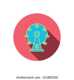 Ferris wheel icon. Entertainment park sign. Red flat circle button. Linear icon with shadow. Vector