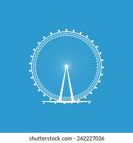 Icono de la rueda de la fortuna, aislado, blanco en el fondo azul. Símbolos exclusivos 