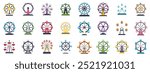 Ferris wheel icons set in flat style showing different types of observation wheels for amusement parks and theme parks