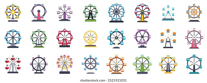 Ícones da roda-gigante em estilo plano mostrando diferentes tipos de rodas de observação para parques de diversões e parques temáticos