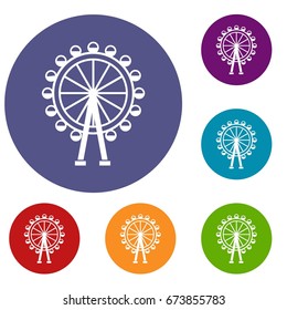 Ferris wheel icons set in flat circle reb, blue and green color for web