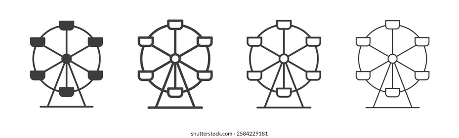 Ferris wheel icons set. Liner outlined and flat black color