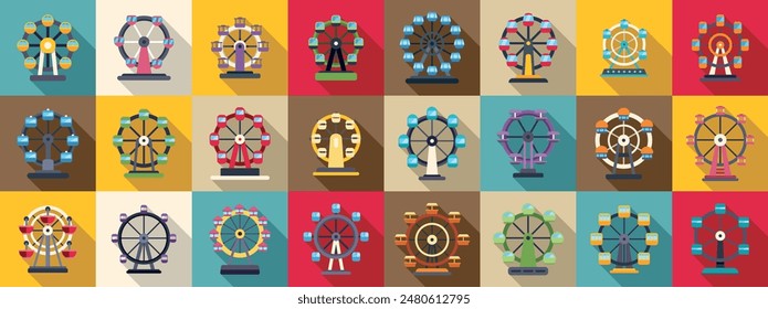 Ferris wheel icons set. Ferris wheel icons showing classic amusement park rides with rotating circular motion for romantic views