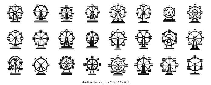 Ferris wheel icons set. Set of ferris wheel silhouette icons showing different observation wheels rotating for panoramic cityscape viewing