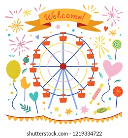 Ferris wheel illustration. Cute amusement park elements and decoration doodles on white background