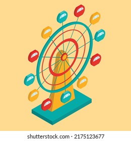Noria isometría de la noria Ilustración del vector azul rojo amarillo, parque eólico