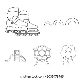 Ferris wheel with ladder, scooter. Playground set collection icons in outline style vector symbol stock illustration web.