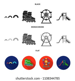 Ferris wheel with ladder, scooter. Playground set collection icons in black, flat, monochrome style vector symbol stock illustration web.