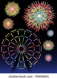 Ferris wheel lights and fireworks