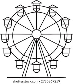 Arte de la línea de la noria. Atracción del parque de atracciones de la línea continua. Paseo de carnaval y entretenimiento. Elemento Funfair. Actividad de Ocio. Rueda gigante. Viajes de ocio. Atracción del festival. Icono de parque temático. Diseño gráfico creativo para temas de entretenimiento. Ilustración lineal minimalista sobre fondo transparente.