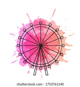 Ferris wheel in line art style on the background of bright watercolor stains. Suitable for decoration in the field of tourism and travel.