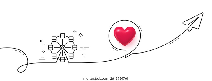 Ferris wheel line icon. Continuous line with share plane. Amusement park sign. Carousels symbol. 3d heart in speech bubble. Ferris wheel single line ribbon. Loop curve pattern. Vector