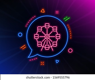 Ferris wheel line icon. Neon laser lights. Amusement park sign. Carousels symbol. Glow laser speech bubble. Neon lights chat bubble. Banner badge with ferris wheel icon. Vector