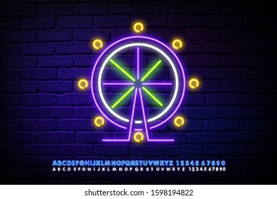 Ferris wheel line icon. Neon laser lights. Amusement park sign. Carousels symbol. Neon lights chat bubble. Banner badge with ferris wheel icon. Vector