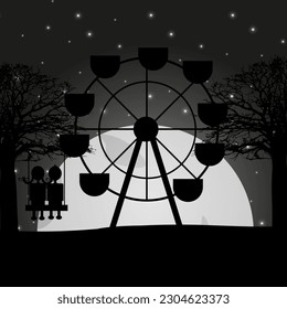 Ferris Wheel at night. Big Wheel and Couple in love at nighty landscape. Romantic vector illustration.