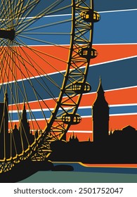 Ferris wheel, observation wheel in London, United Kingdom. Illustration of of London view.