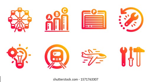 Ferris wheel, Parking garage and Metro subway line icons set. Seo idea, Recovery tool and Graph chart signs. Airplane, Spanner tool symbols. Attraction park, Automatic door. Technology set. Vector