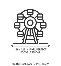 Riesenrad Pixel perfekte lineare Ikone. Schaustellerattraktion. Karnevalsfreizeit. Familienunterhaltung. Dünne Linien-Illustration. Kontursymbol Vektorkonturzeichnung. Bearbeitbarer Strich