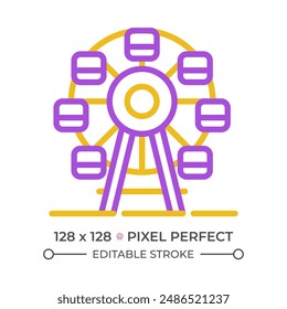 Riesenrad Pixel perfekt zwei Farblinien Symbol. Schaustellerattraktion. Karnevalsaktivität. Zweifarbiges Umrisssymbol für Familienunterhaltung. Lineares Zweiton-Piktogramm. Einzeldarstellung. Bearbeitbarer Strich