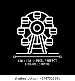Ferris wheel pixel perfect white linear icon for dark theme. Fairground attraction. Carnival activity. Family entertainment. Thin line illustration. Isolated symbol for night mode. Editable stroke