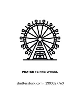 Ferris Wheel at Prater amusement park, Vienna, Austria, vector line icon. International landmark and tourism symbol.