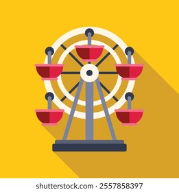 Ferris wheel with red passenger cars standing on yellow background casting long shadow