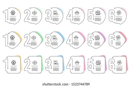 Ferris wheel, Return parcel and Get box line icons set. Infographic timeline. Parcel invoice, Bus travel and Packing boxes signs. Attraction park, Exchange of goods, Send package. Vector