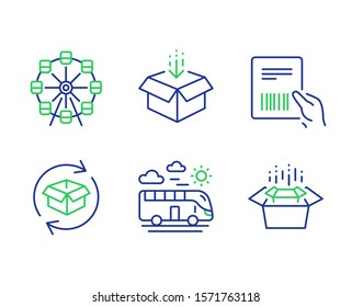 Ferris wheel, Return parcel and Get box line icons set. Parcel invoice, Bus travel and Packing boxes signs. Attraction park, Exchange of goods, Send package. Delivery document. Vector
