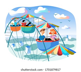 Ferris wheel ride flat vector illustration. Cheerful amusement park visitors cartoon characters. Active outdoor recreation, traditional fairground attraction. Happy children on observation wheel