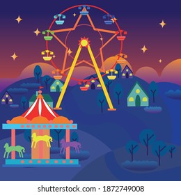 
ferris wheel and rides in the night
