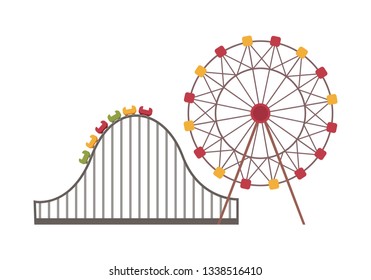 Ferris wheel and roller coaster on white, round attraction and road with rise, amusement park with colorful objects, leisure and entertainment vector
