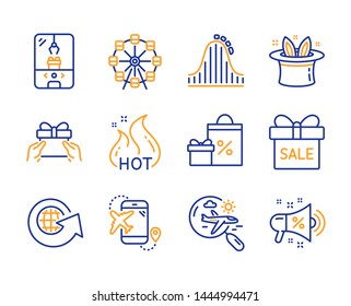 Ferris wheel, Roller coaster and Sale offer icons simple set. Crane claw machine, Shopping and World globe signs. Search flight, Hat-trick and Flight destination symbols. Line ferris wheel icon