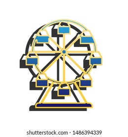 Ferris wheel sign. Blue icon with gold contour with dark gray shadow at white background. Illustration.