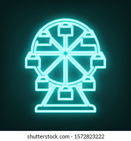 Ferris wheel sign. Cyan neon icon in the dark. Bluring. Luminescence. Illustration.