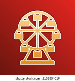 Ferris wheel sign. Golden gradient Icon with contours on redish Background. Illustration.