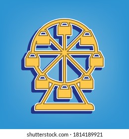 Ferris wheel sign. Golden Icon with White Contour at light blue Background. Illustration.