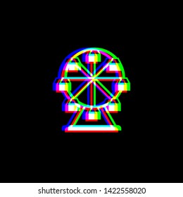 Ferris wheel sign. Red, green and blue unfocused contour icon at black background. Illustration.