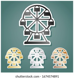 Ferris wheel sign. Set of metallic Icons with gray, gold, silver and bronze gradient with white contour and shadow at viridan background. Illustration.