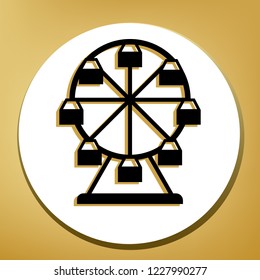 Ferris wheel sign. Vector. Black icon with light brown shadow in white circle with shaped ring at golden background.