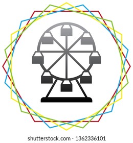 Ferris wheel sign. Vector. Black icon with patch of light inside colorful hexagonal frames at white background.