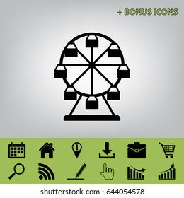 Ferris wheel sign. Vector. Black icon at gray background with bonus icons 