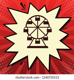 Ferris wheel sign. Vector. Dark red icon in lemon chiffon shutter bubble at red popart background with rays.