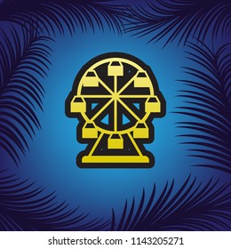 Ferris wheel sign. Vector. Golden icon with black contour at blue background with branches of palm trees.